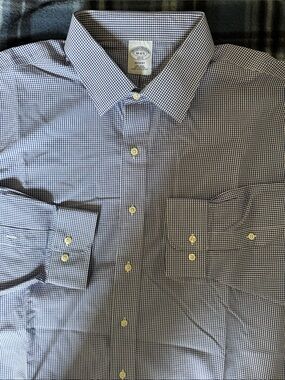 Brooks Brothers Regent Fit Gingham Navy White Gingham Dress Shirt Size 18-4/5